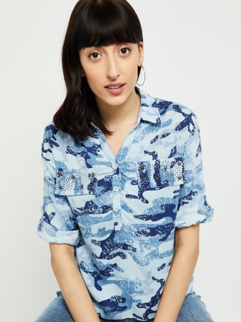 

max Women Blue Printed Shirt Style Top