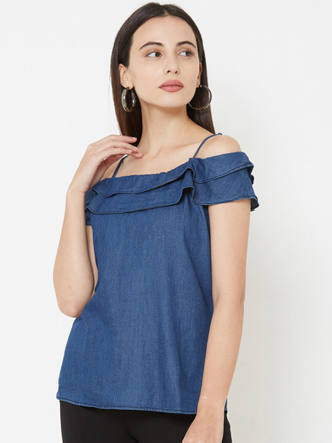 

Kraus Jeans Women Blue Solid Bardot Pure Cotton Top