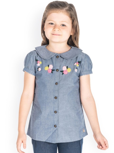 

Cherry Crumble Girls Blue Embroidered Shirt Style Top