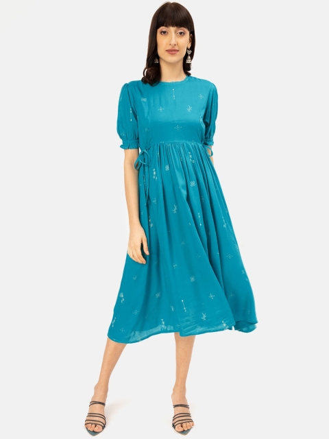 

Saaki Women Teal Printed Fit and Flare Dress