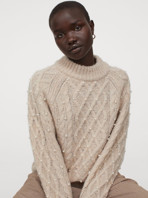 

H&M Women Cream Beaded cable-knit jumper