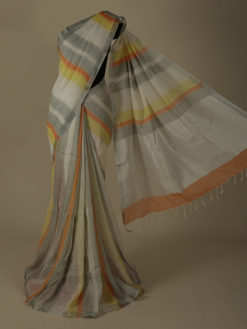 

Pothys Cream-Coloured & Grey Pure Linen Colourblocked Saree