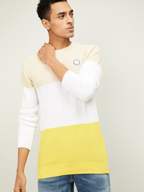 

Smiley World Men White & Yellow Colourblocked Pullover Sweater