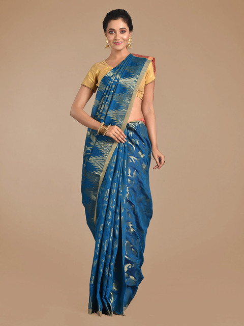 

Mitera Teal Blue & Red Cotton Blend Woven Design Handloom Saree