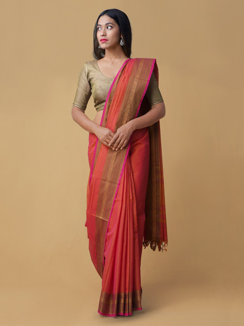 

Unnati Silks Pink & Gold-Coloured Pure Cotton Woven Design Handloom Saree