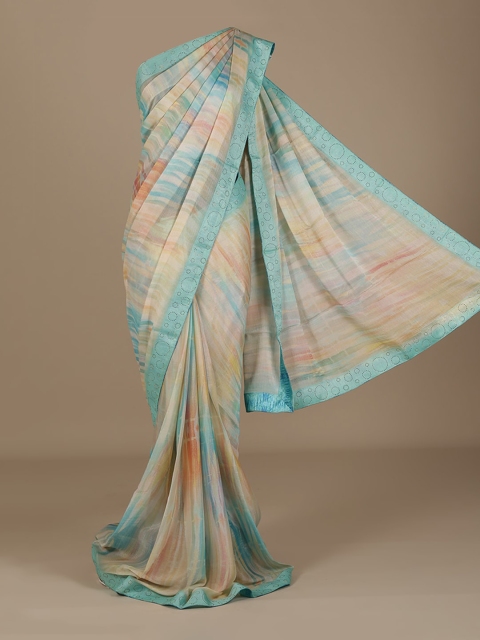 

Pothys Cream-Coloured & Blue Poly Chiffon Woven Design Saree
