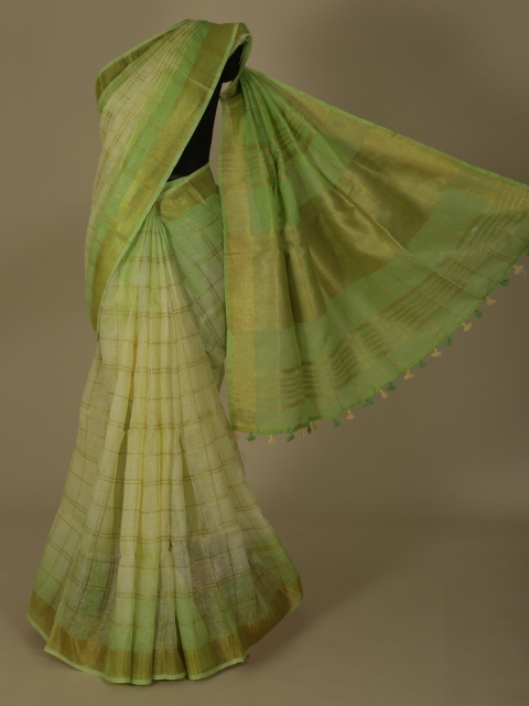 

Pothys Green & Gold-Coloured Pure Linen Checked Saree