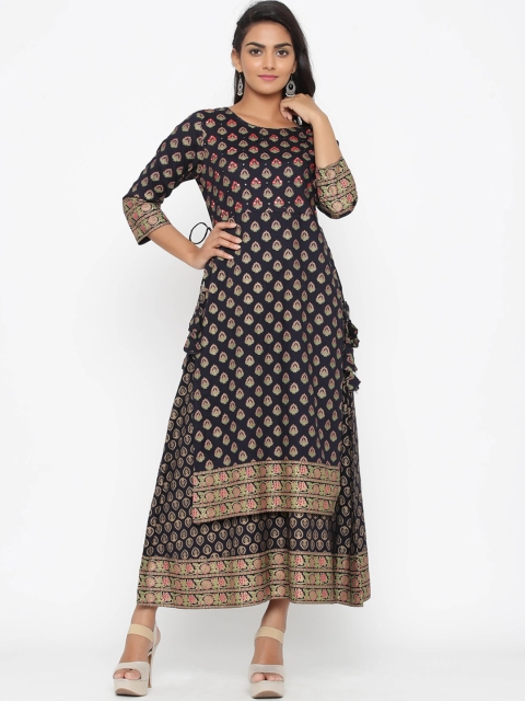 

WomenMagic Women Black & Gold-Coloured Printed Anarkali Kurta