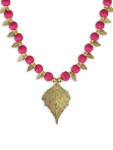 AKSHARA Women Pink & Gold-Toned Oxidised Handcrafted Long Brass Pendent Necklace