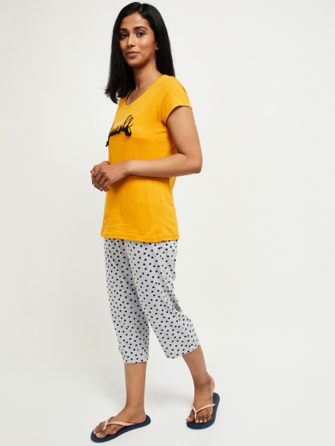 

max Women Mustard Yellow & Grey Printed Night Suit