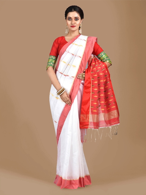 

Mitera White & Red Cotton Blend Solid Taant Saree