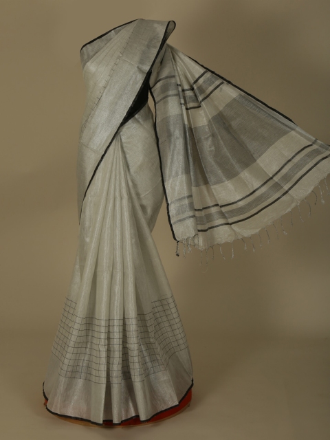 

Pothys White Solid Pure Linen Saree