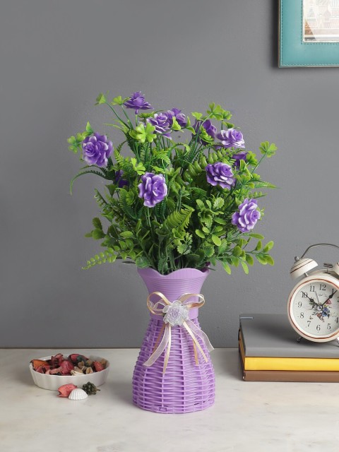 

FOLIYAJ Green & Purple Artificial Flower Bunch & Large Flowers With Pot