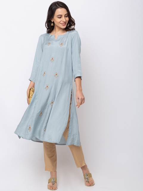 

Ethnicity Women Grey Embroidered A-Line Kurta