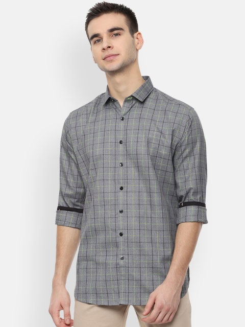 

V Dot Men Grey & Black Slim Fit Checked Casual Shirt