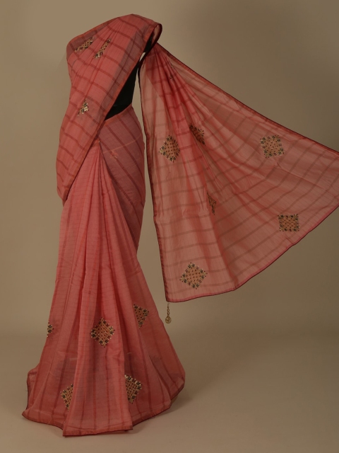 

Pothys Peach-Coloured Embroidered Jute Silk Saree