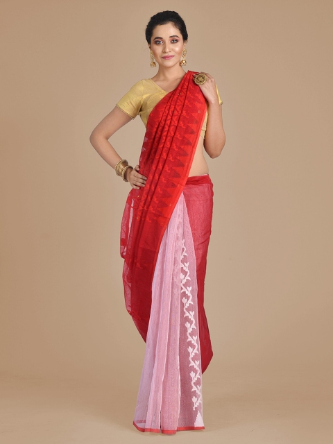 

Mitera Red & Pink Silk Cotton Colourblocked Jamdani Saree