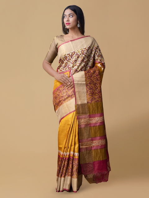 

Unnati Silks Yellow & Pink Pure Silk Woven Design Tussar Saree