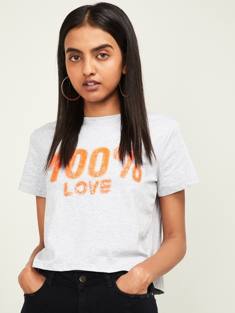 

Ginger by Lifestyle Women Grey Melange Printed Round Neck T-shirt