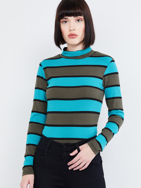

max Women Blue & Grey Striped Pullover Sweater