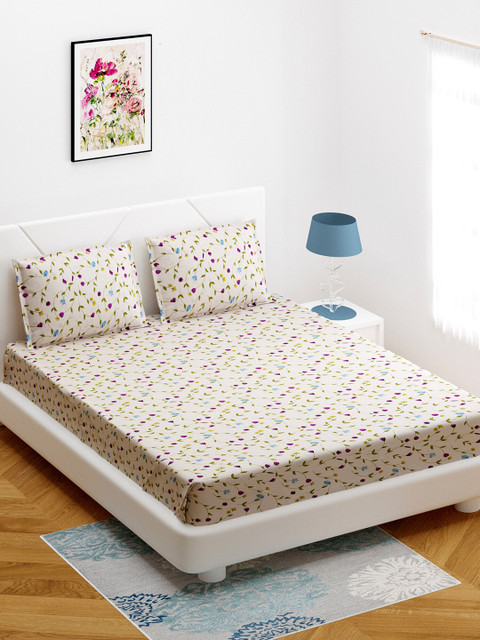 

BOMBAY DYEING Cream-Coloured Floral 164 TC Cotton 1 Queen Bedsheet with 2 Pillow Covers