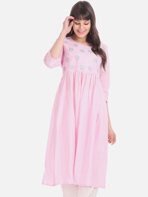 

Anahi Women Pink & Silver-Toned Floral Embroidered Anarkali Kurta
