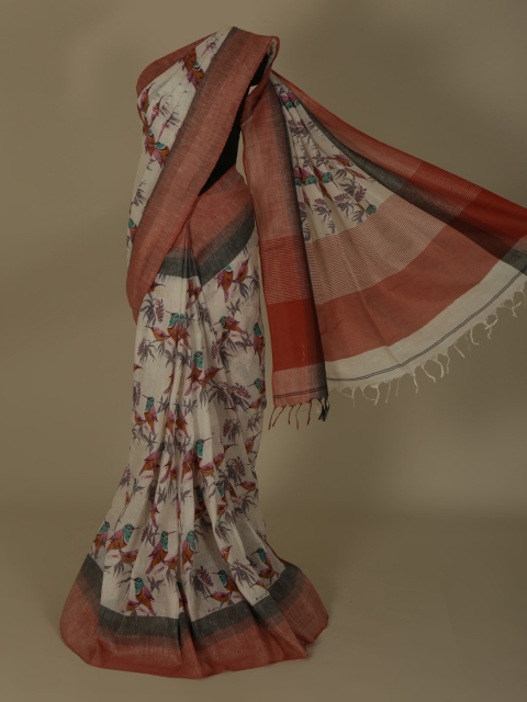 

Pothys Cream-Coloured & Red Pure Linen Printed Saree