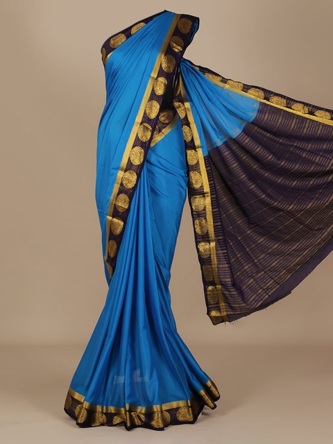 

Pothys Blue & Gold-Toned Poly Crepe Solid Saree