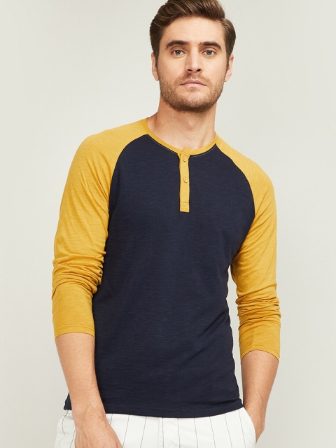 

Fame Forever by Lifestyle Men Navy Blue & Yellow Colourblocked Henley Neck T-shirt