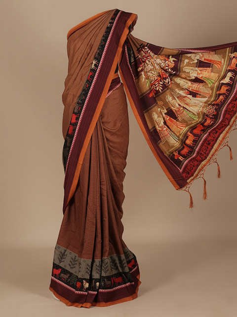 

Pothys Brown & Maroon Jute Silk Checked Saree