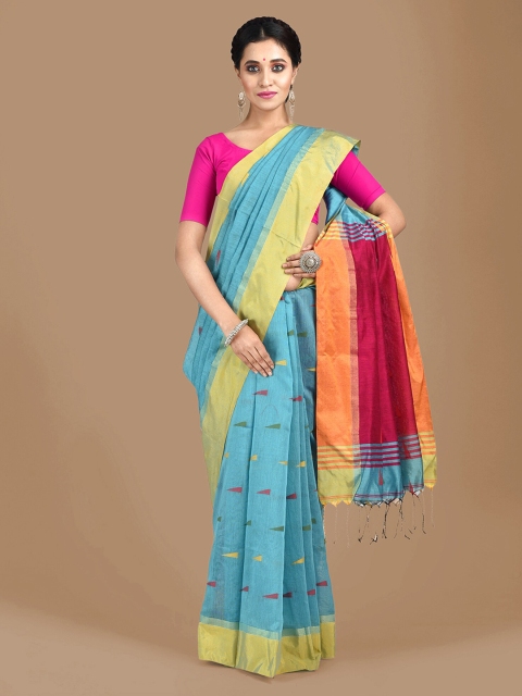 

Mitera Blue & Yellow Cotton Blend Handloom Colourblocked Saree