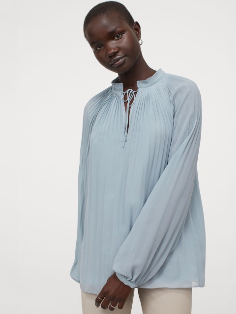 

H&M Women Blue Solid Pleated Chiffon Blouse