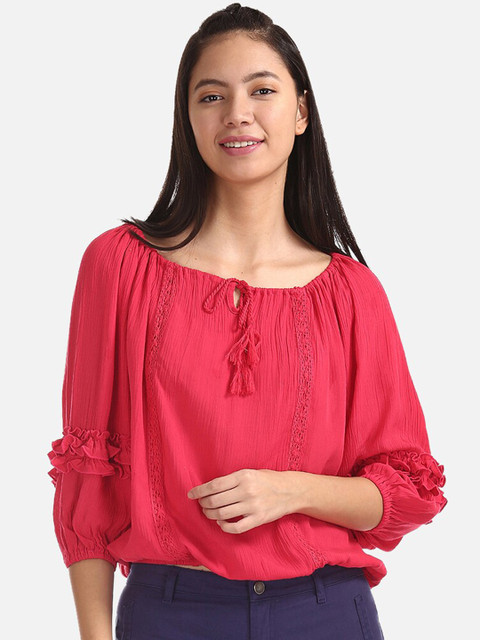 

Cherokee Women Fuchsia Pink Solid Blouson Top