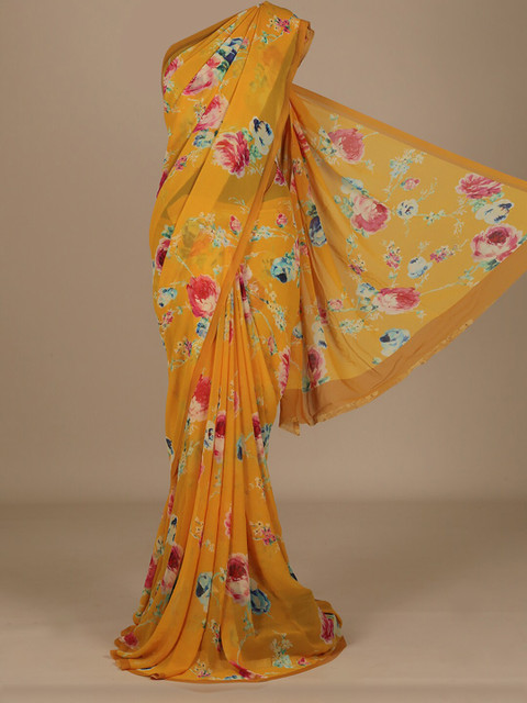 

Pothys Yellow & Pink Poly Chiffon Printed Saree