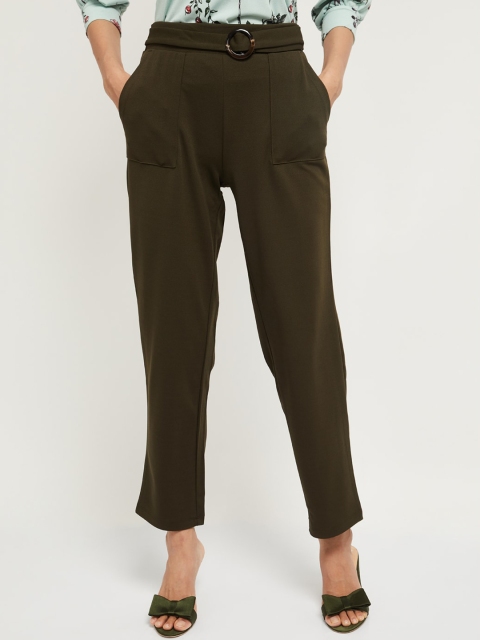 

max Women Olive Green Regular Fit Solid Regular Trousers