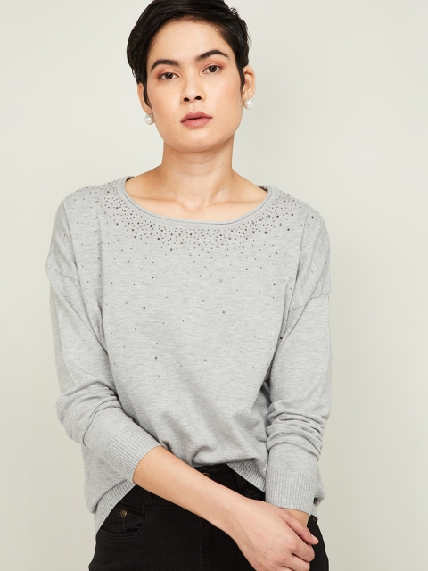 

Fame Forever by Lifestyle Women Grey Melange Embellished Pullover Sweater