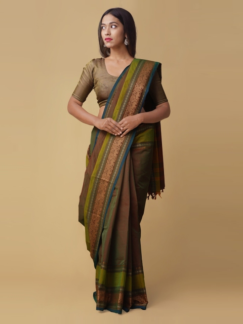 

Unnati Silks Brown & Green Pure Cotton Solid Handloom Saree