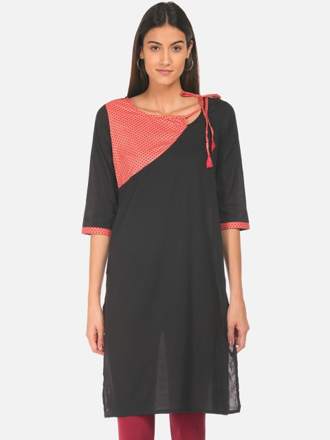

Karigari Women Black & Peach-Coloured Colourblocked Straight Kurta