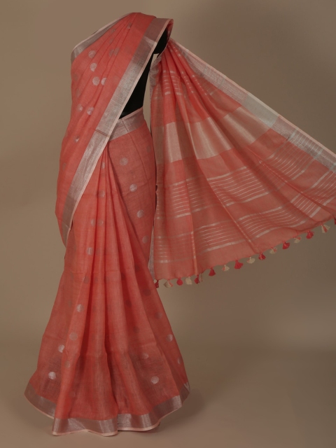 

Pothys Peach-Coloured & Silver-Toned Pure Linen Woven Design Saree