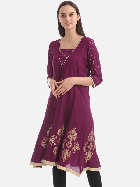 

Anahi Women Purple & Gold-Coloured Foil Printed A-Line Kurta