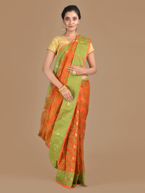 

Mitera Orange & Green Pure Cotton Printed Jamdani Saree