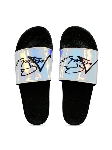 

Pampy Angel Women Silver-Toned & Black Printed Sliders