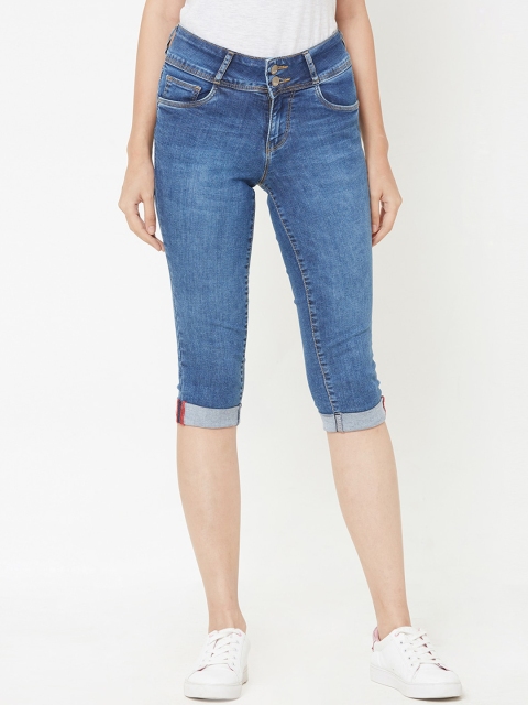 Kraus Jeans Women Blue Lightly Washed Slim-Fit Denim Capris