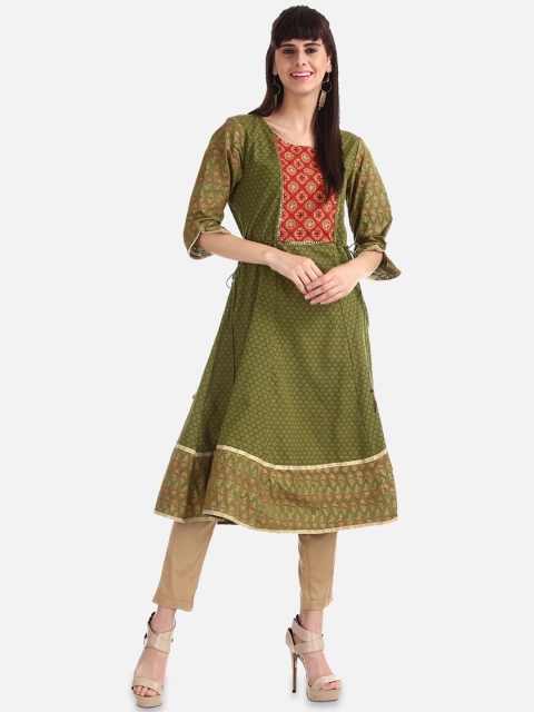 

Anahi Women Green & Red Embroidered A-Line Kurta