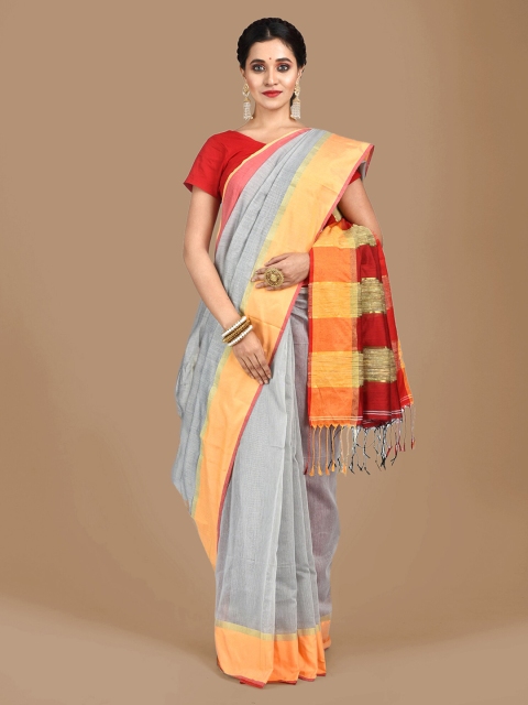Mitera Silver-Toned & Yellow Cotton Blend Striped Saree