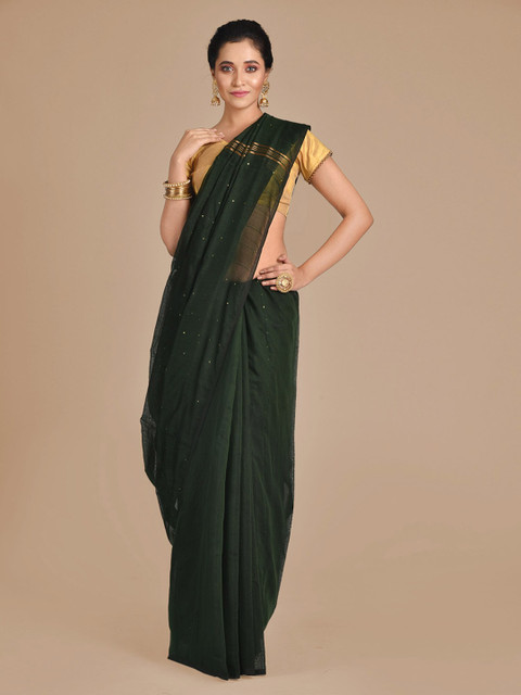 

Mitera Green & Gold-Coloured Cotton Blend Embellished Handloom Saree