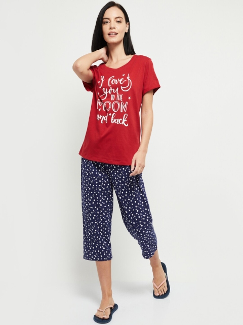 

max Women Red & Navy Blue Printed Night Suit