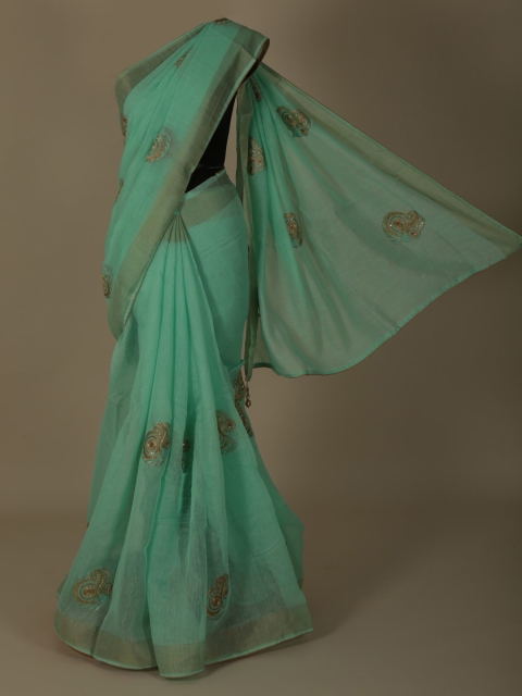 

Pothys Blue Embroidered Linen Blend Saree