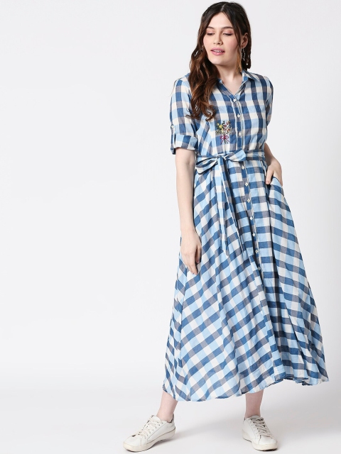 

TERQUOIS Women Blue & White Checked Cotton Shirt Dress