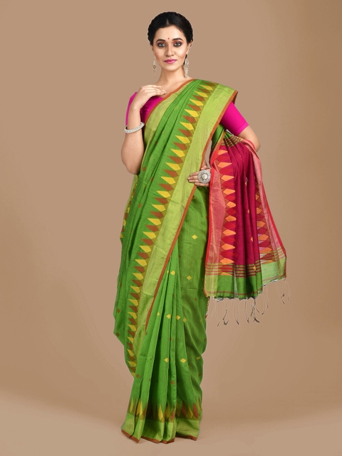 

Mitera Green & Pink Cotton Blend Handloom Woven Design Saree